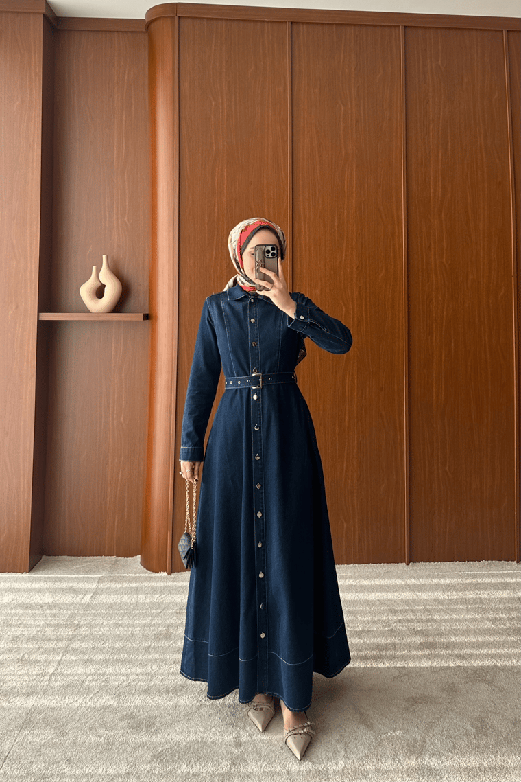 Monegra Denim Elbise - KOYU MAVİ