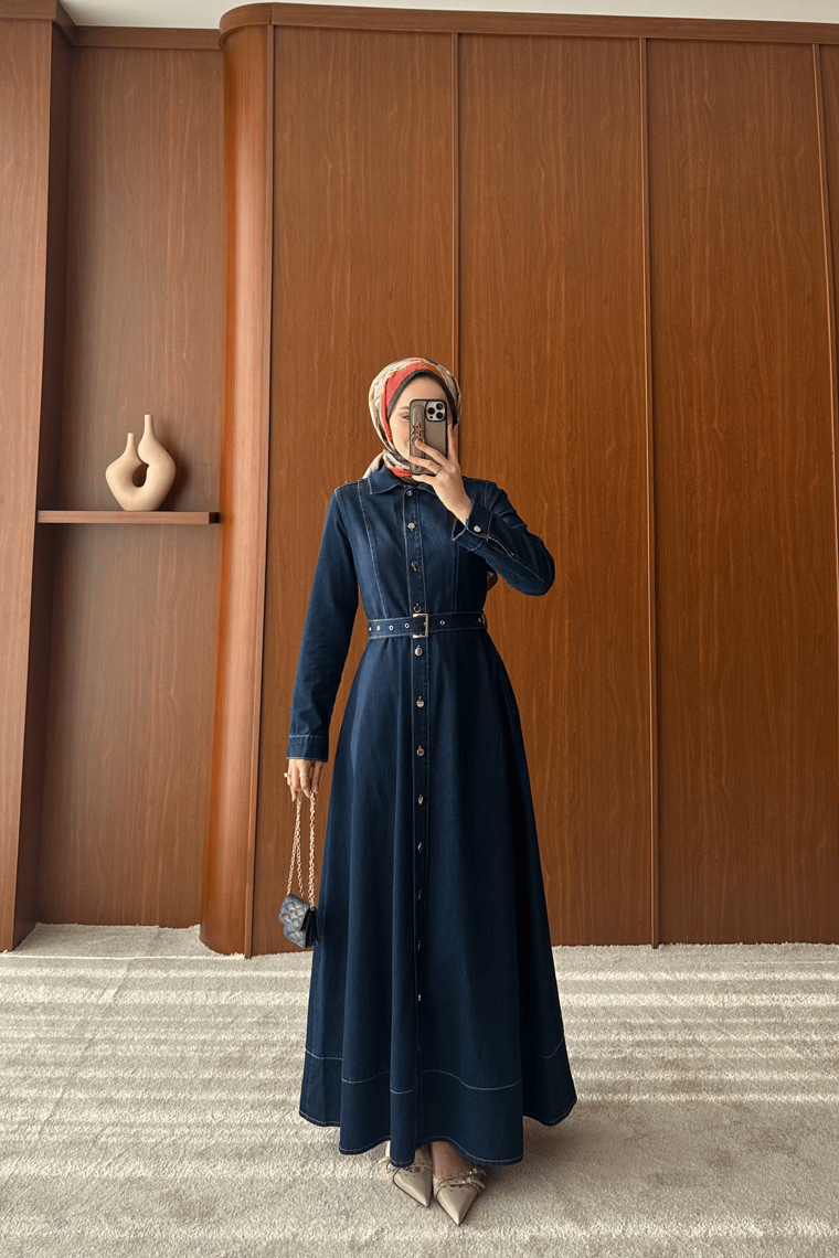 Monegra Denim Elbise - KOYU MAVİ