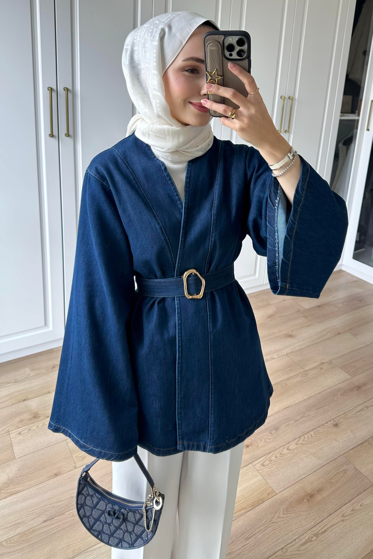 Noirelle Kuşak Detay Denim Ceket - LACİVERT