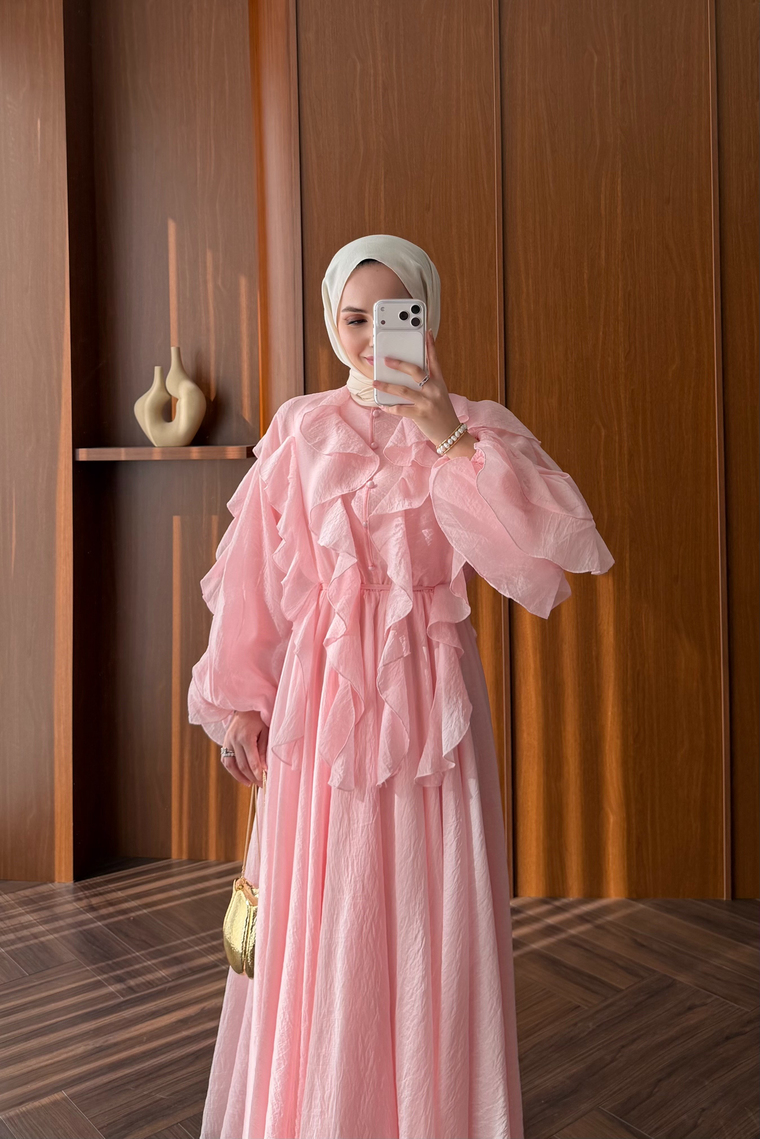 Nora Önü Volanlı Elbise - PEMBE
