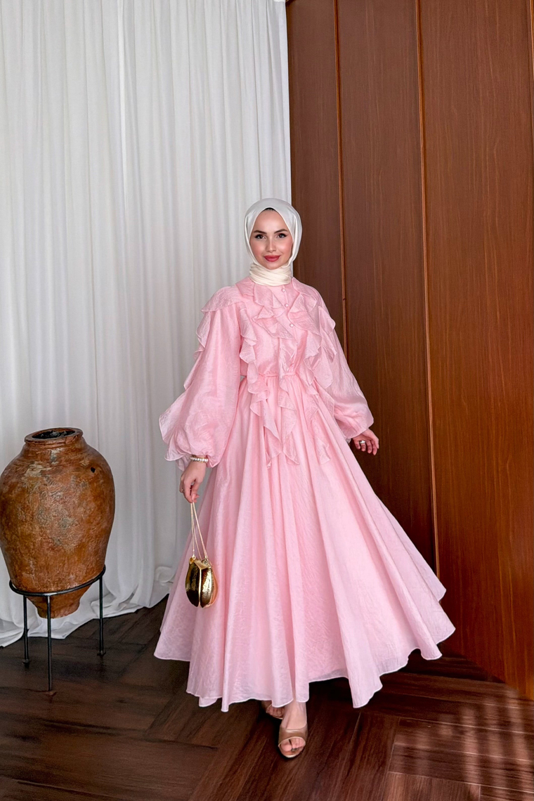 Nora Önü Volanlı Elbise - PEMBE