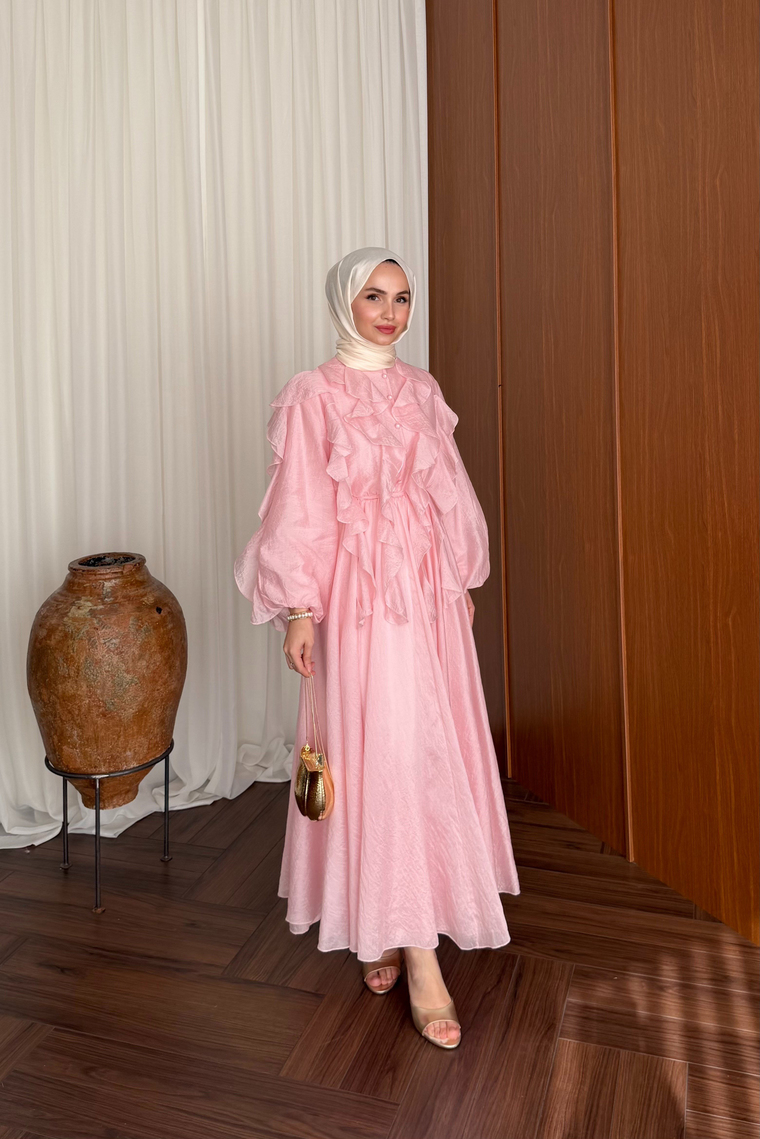 Nora Önü Volanlı Elbise - PEMBE