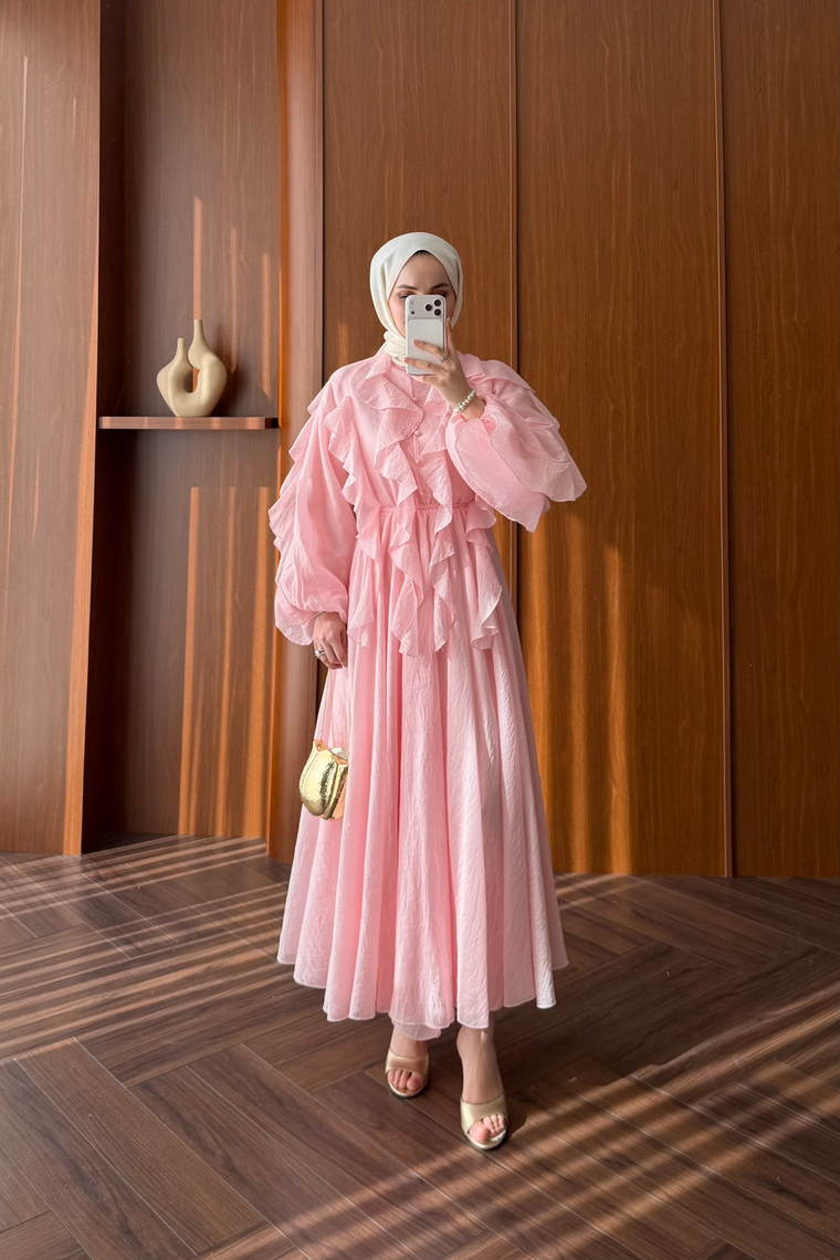 Nora Önü Volanlı Elbise - PEMBE