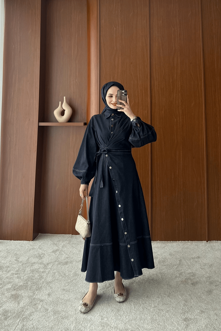 Nuvia Denim Tasarım Elbise - LACİVERT