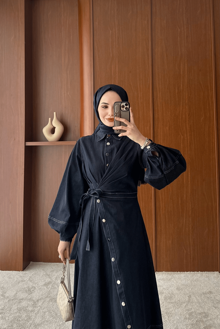 Nuvia Denim Tasarım Elbise - LACİVERT