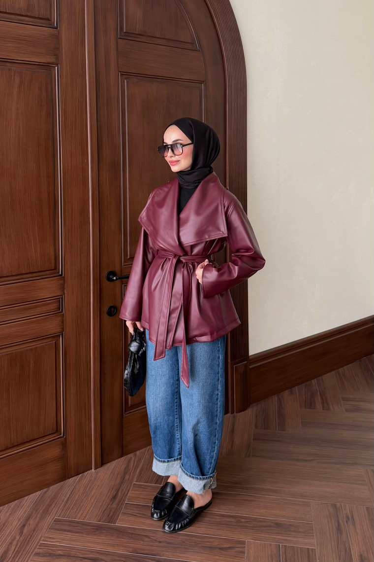Orya Yaka Detay Deri Ceket - BORDO