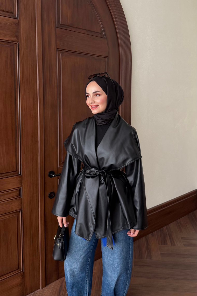 Orya Yaka Detay Deri Ceket - SİYAH