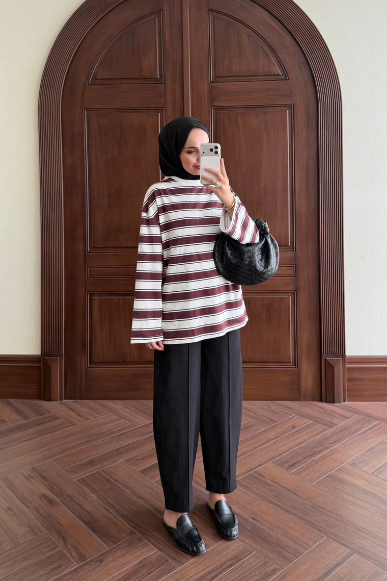 Oversize Çizgili Body - BORDO