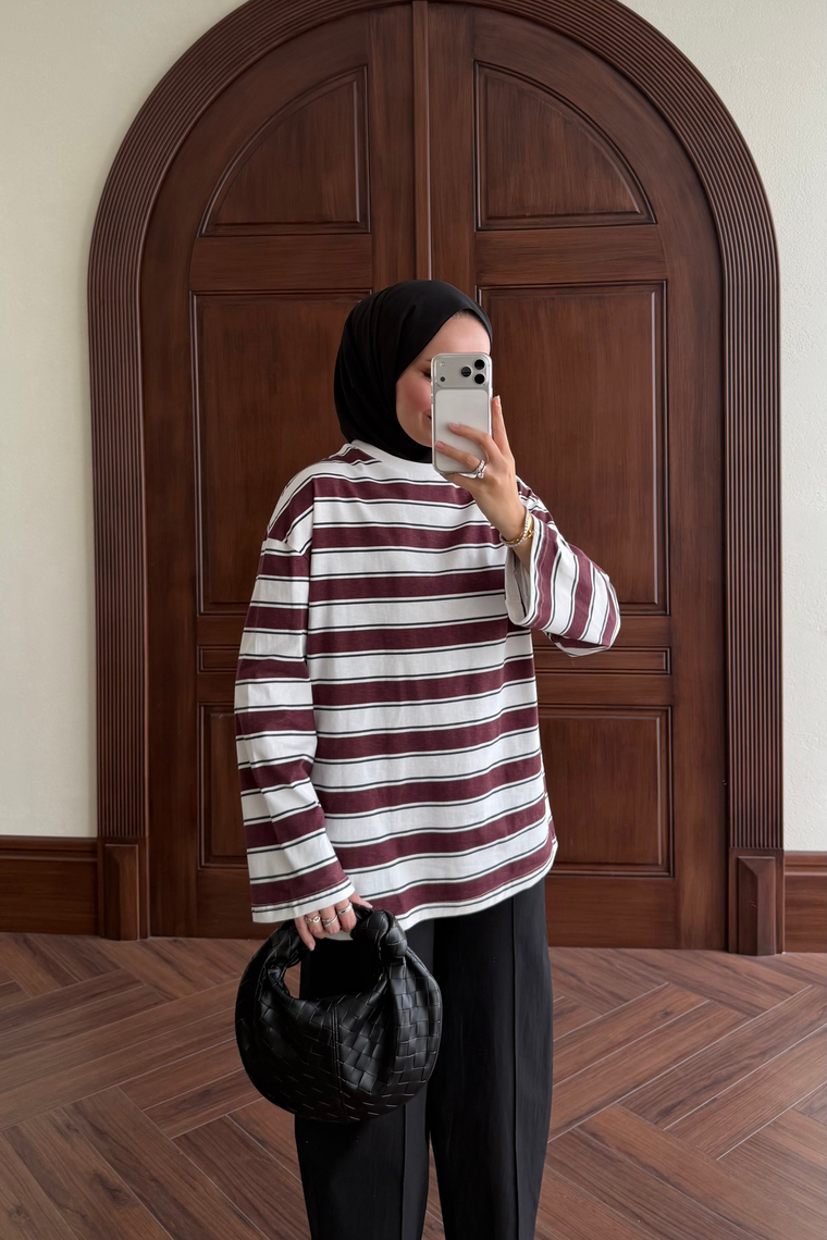 Oversize Çizgili Body - BORDO