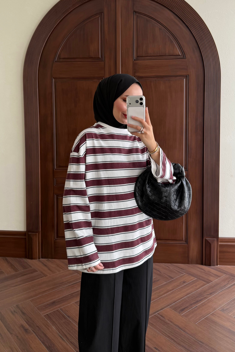 Oversize Çizgili Body - BORDO