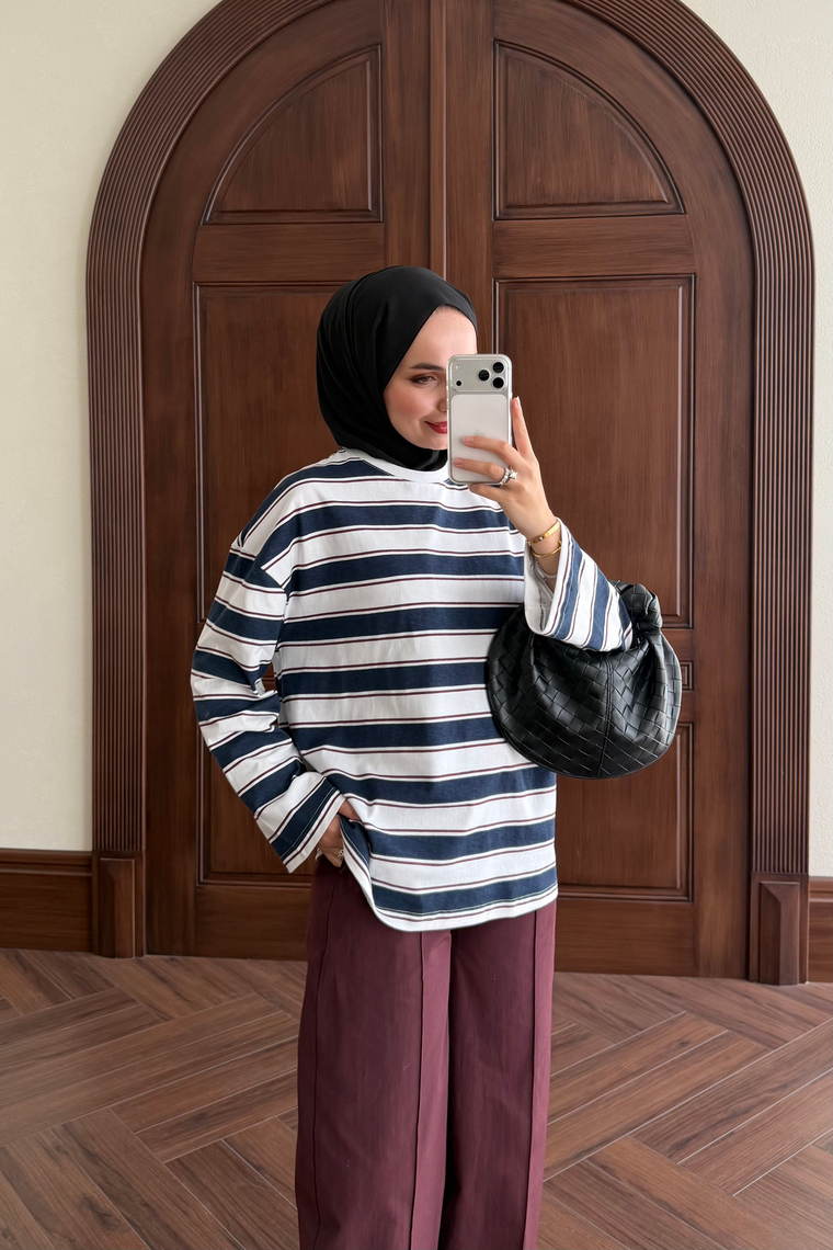 Oversize Çizgili Body - LACİVERT