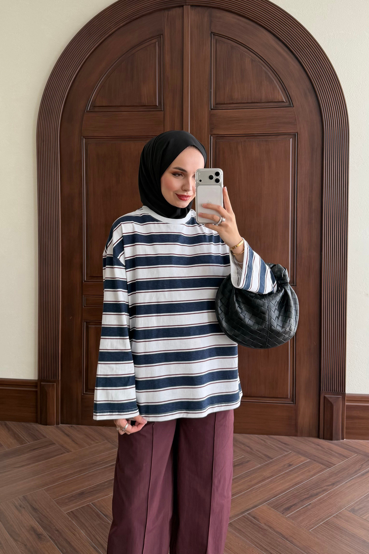 Oversize Çizgili Body - LACİVERT