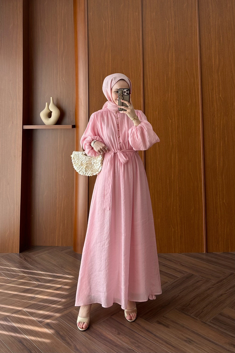 Patara Belden Lastikli Elbise - PEMBE