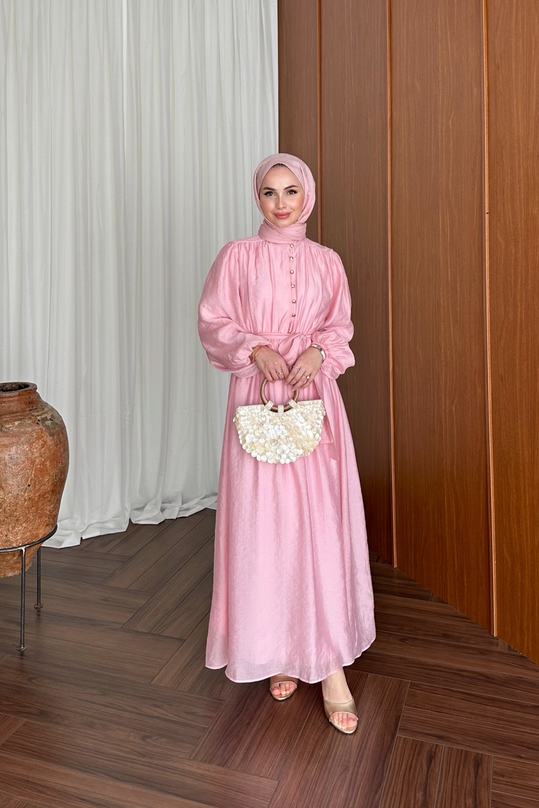 Patara Belden Lastikli Elbise - PEMBE