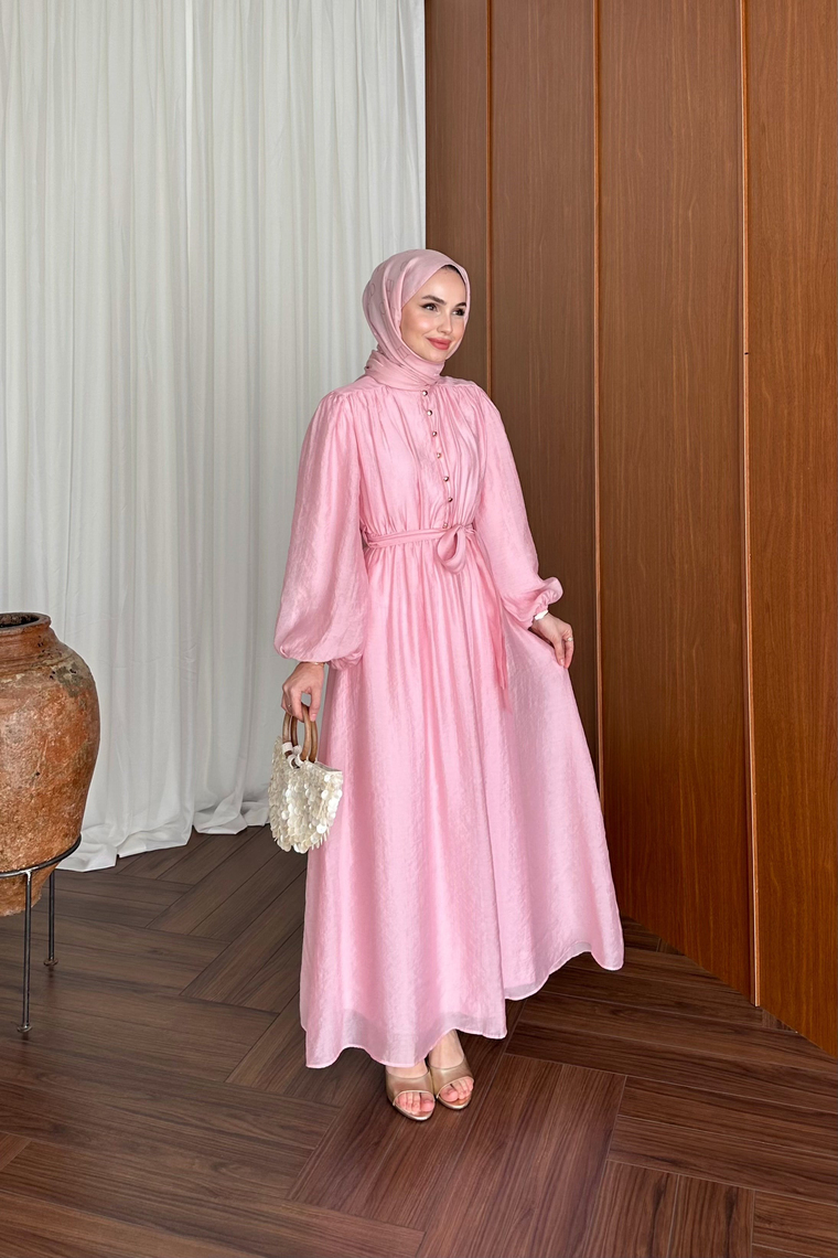 Patara Belden Lastikli Elbise - PEMBE