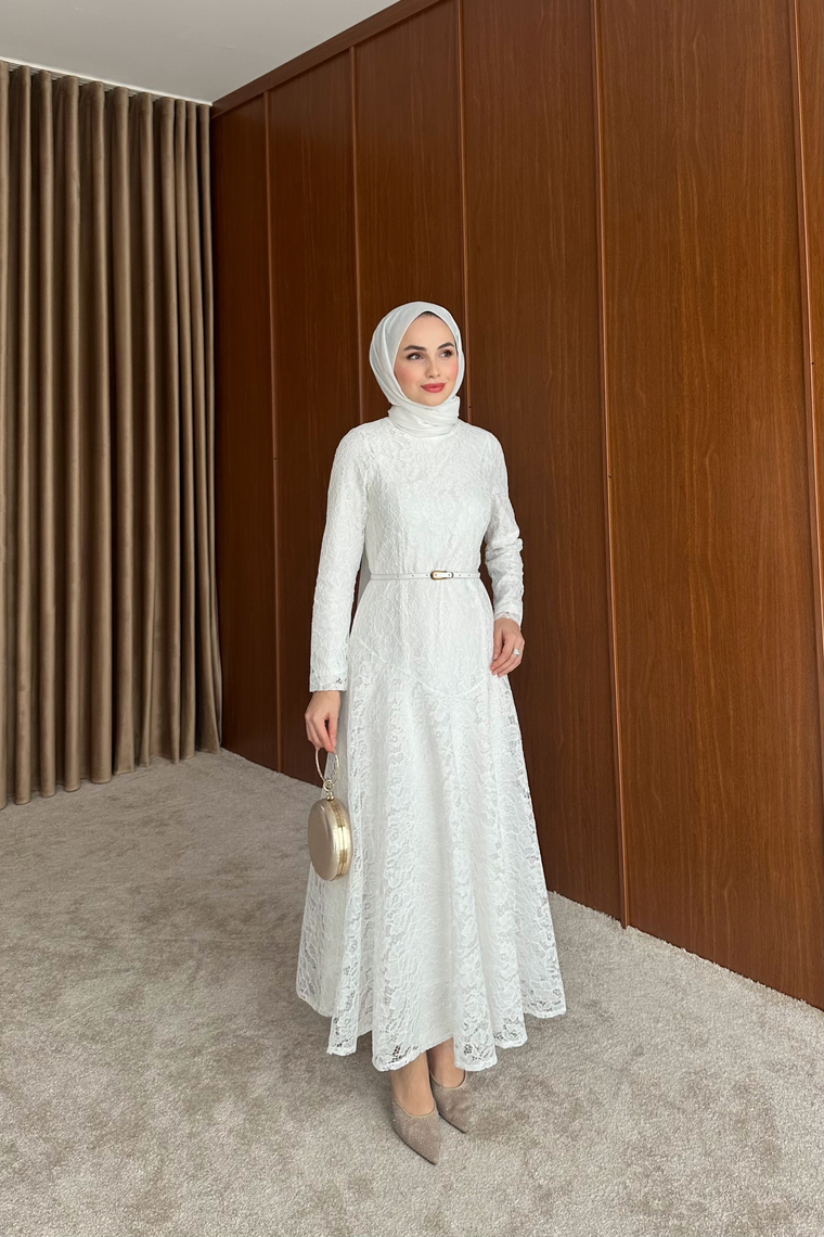 Peny Dantel Kemerli Elbise - BEYAZ