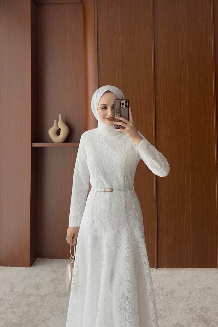 Peny Dantel Kemerli Elbise - BEYAZ