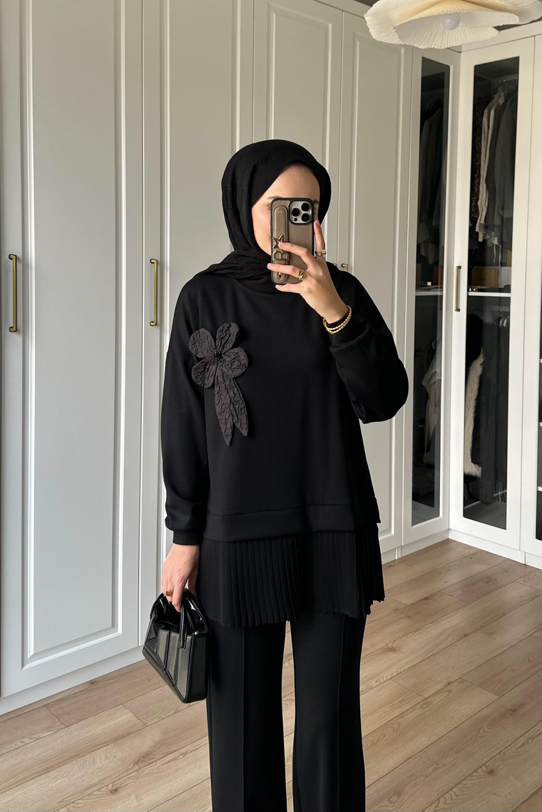Pile Detaylı Pantolon Takım - SİYAH