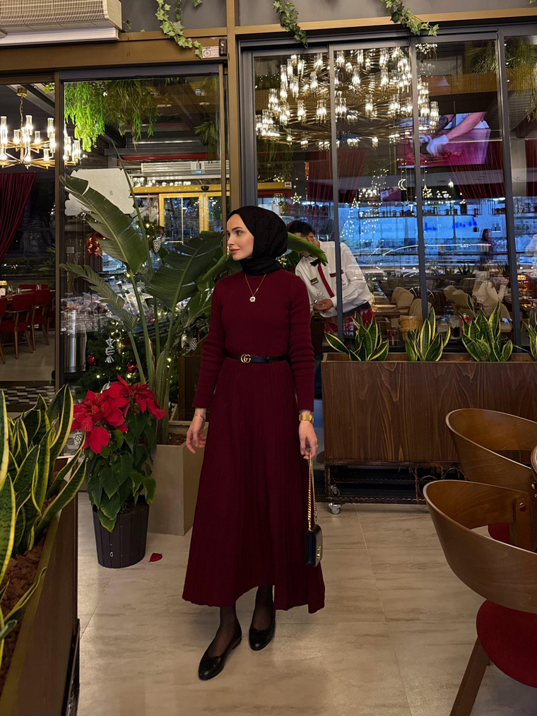 Pilise Detaylı Triko Elbise - BORDO