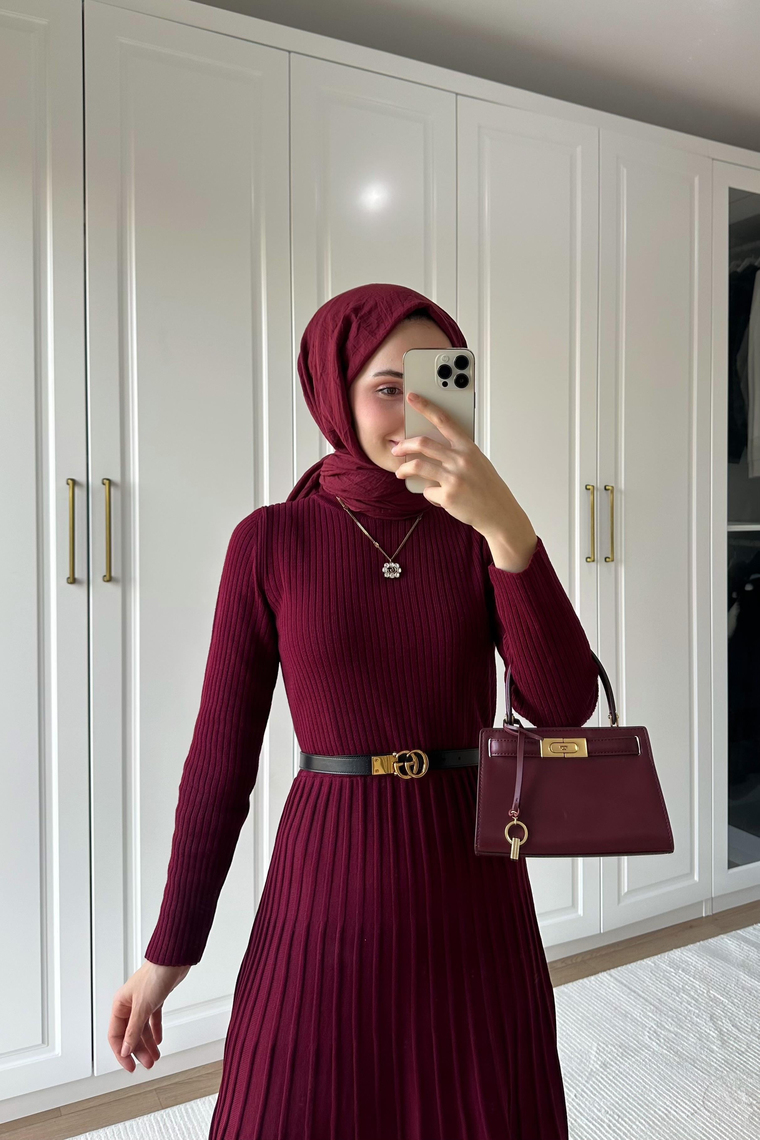 Pilise Detaylı Triko Elbise - BORDO