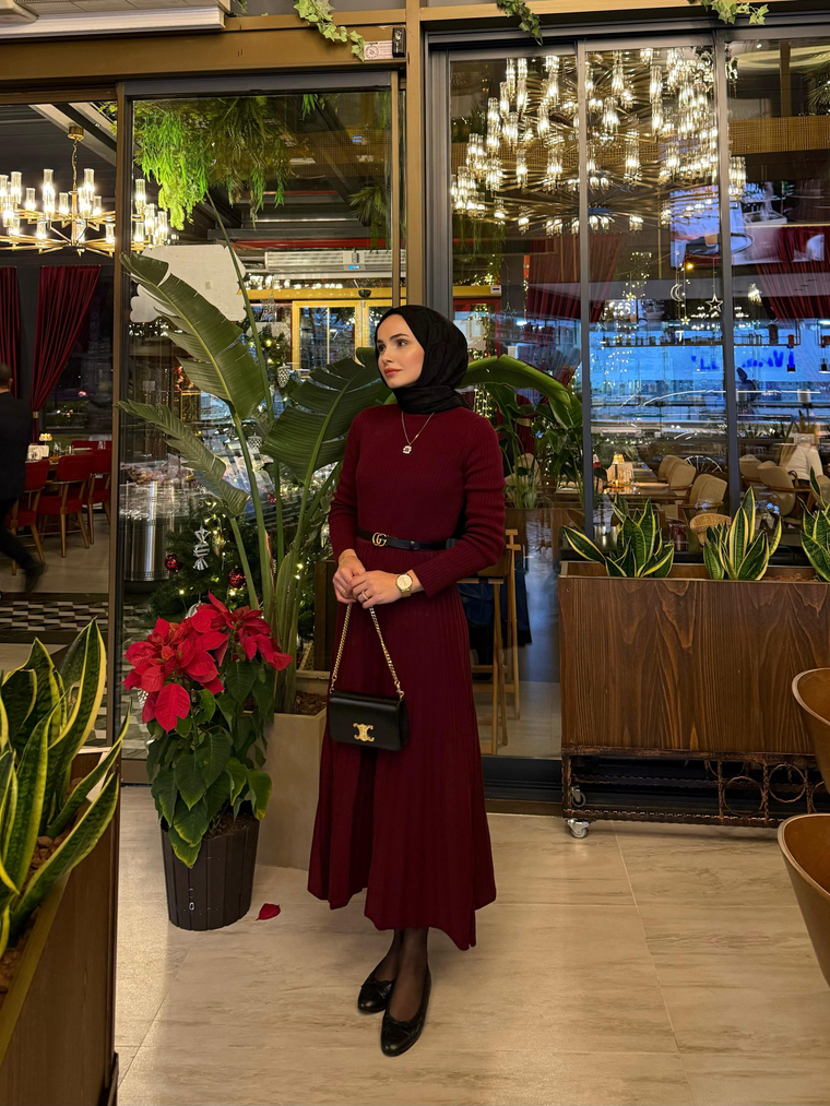 Pilise Detaylı Triko Elbise - BORDO