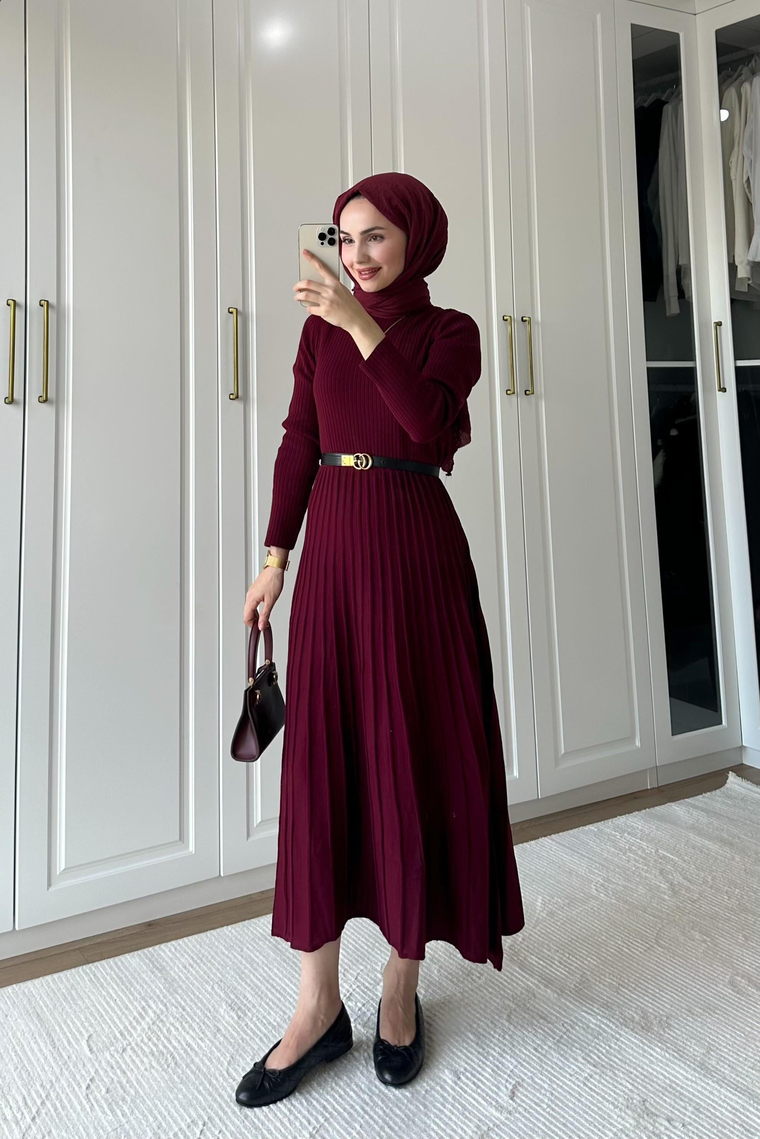 Pilise Detaylı Triko Elbise - BORDO