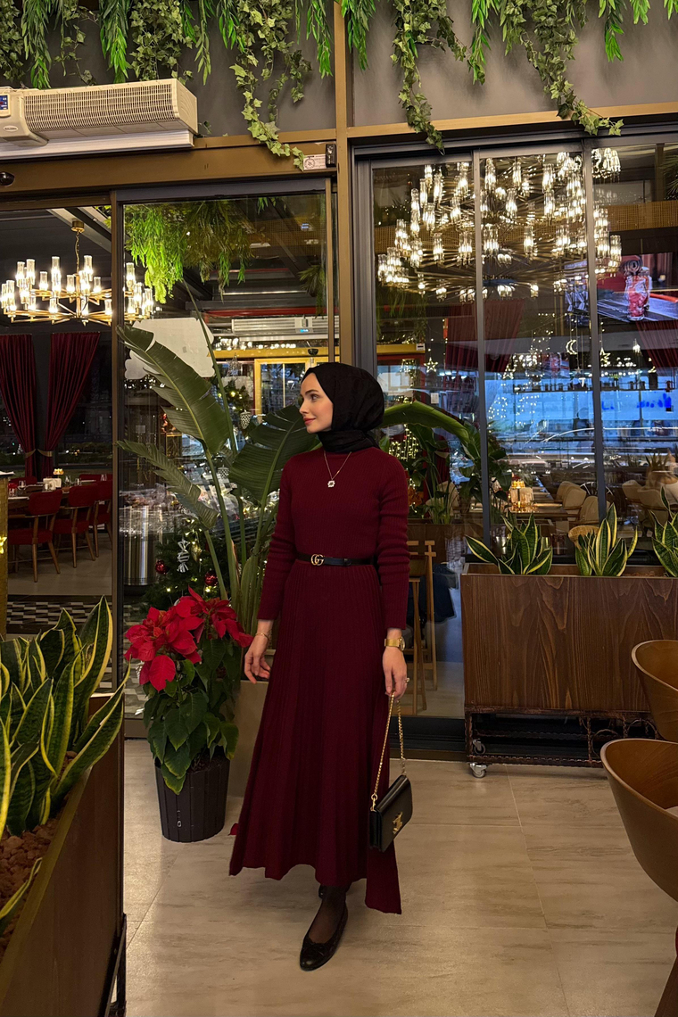 Pilise Detaylı Triko Elbise - BORDO