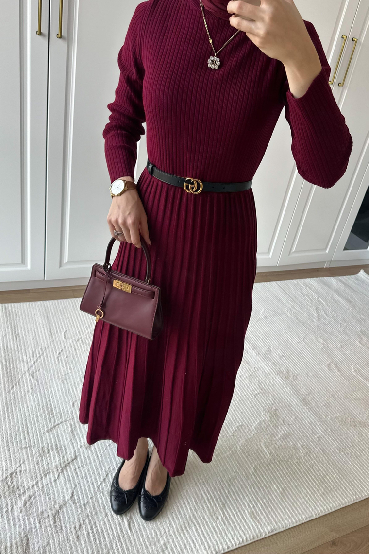 Pilise Detaylı Triko Elbise - BORDO