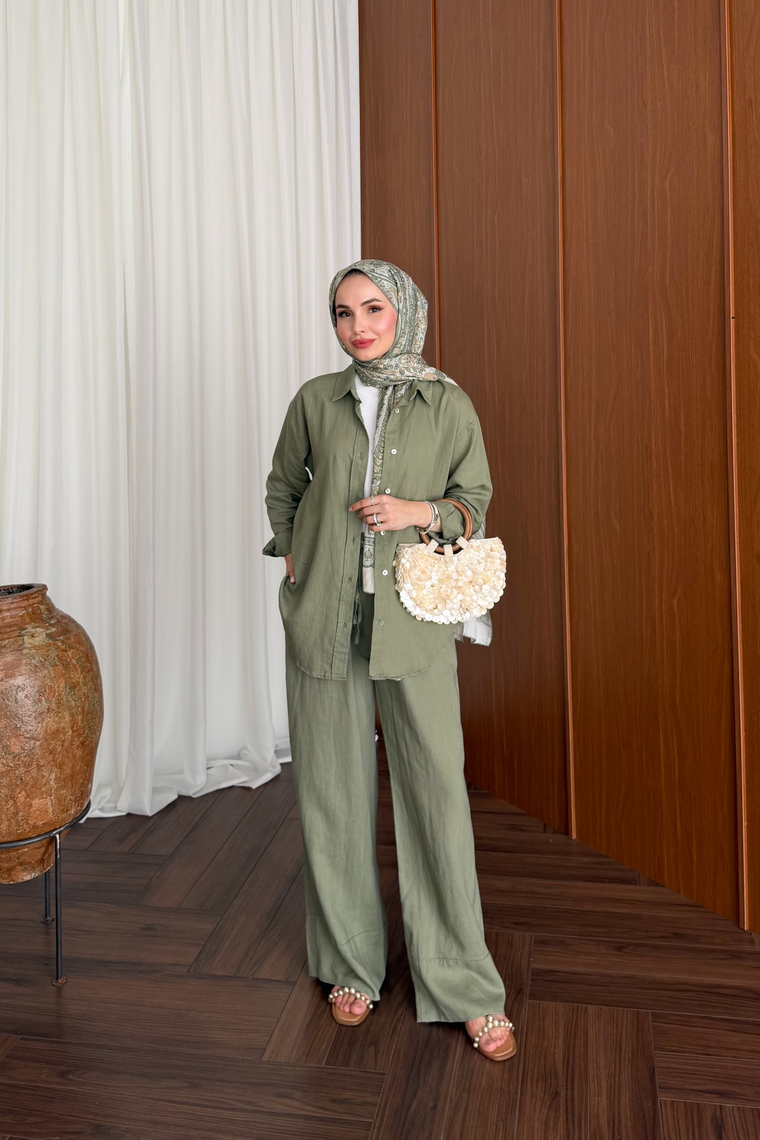 Premium Keten Pantolon Takım - HAKİ