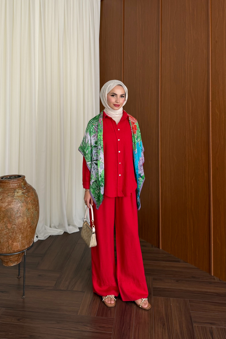 Premium Keten Pantolon Takım - KIRMIZI