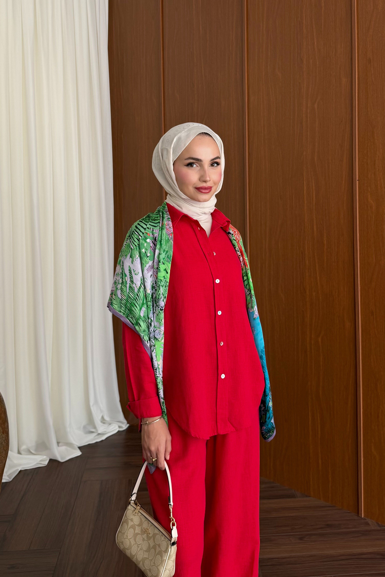 Premium Keten Pantolon Takım - KIRMIZI