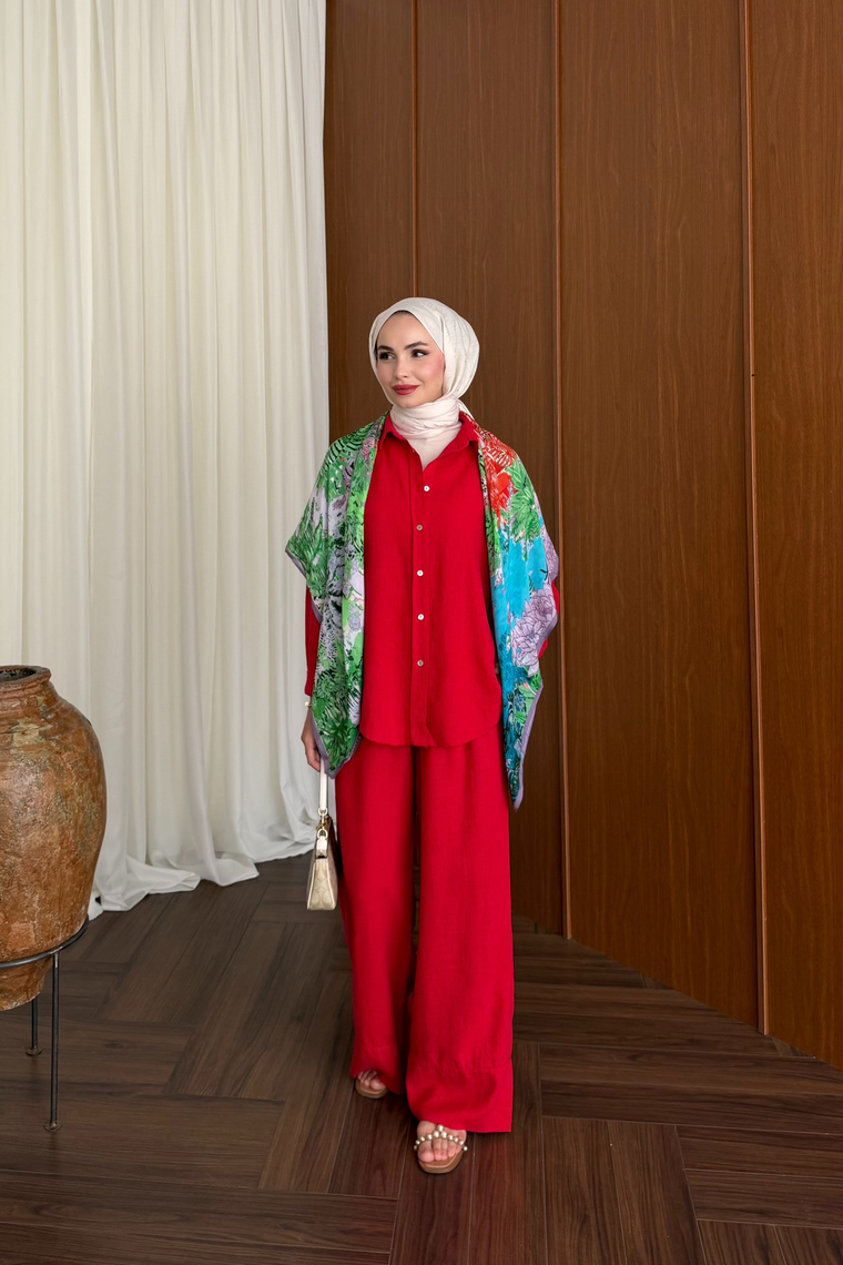 Premium Keten Pantolon Takım - KIRMIZI