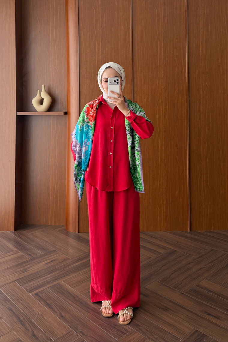 Premium Keten Pantolon Takım - KIRMIZI