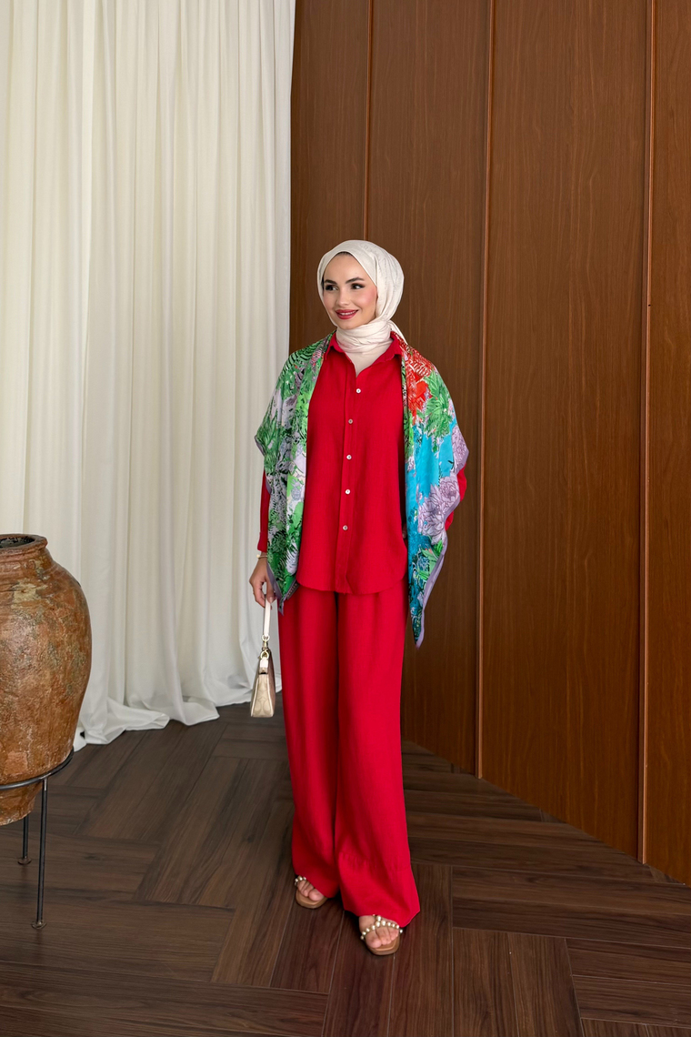 Premium Keten Pantolon Takım - KIRMIZI