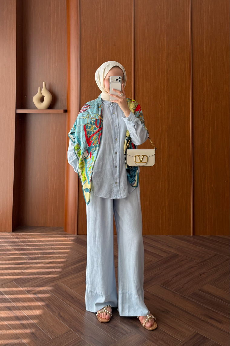 Premium Keten Pantolon Takım - MAVİ