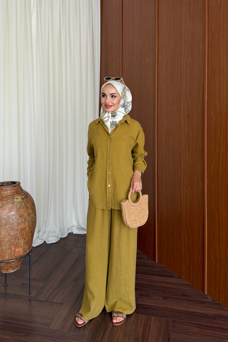 Premium Keten Pantolon Takım - YAĞ YEŞİLİ