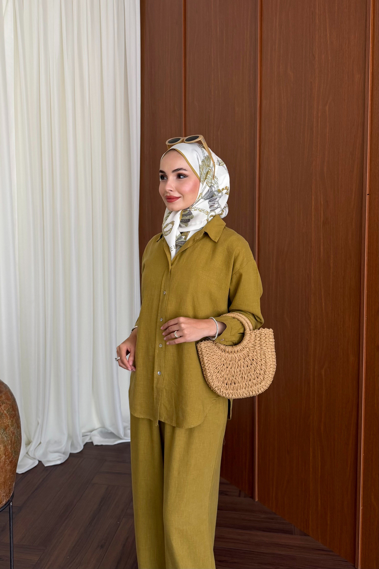 Premium Keten Pantolon Takım - YAĞ YEŞİLİ