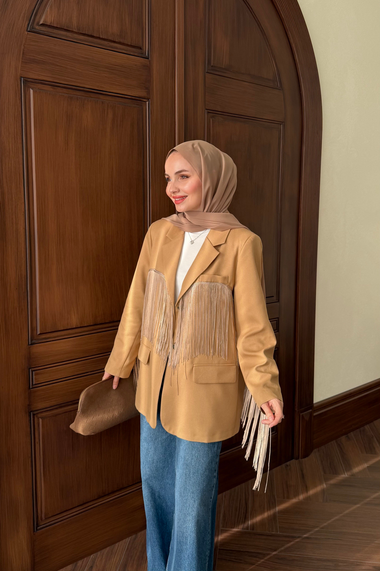 Püskül Detay Oversize Ceket - CAMEL