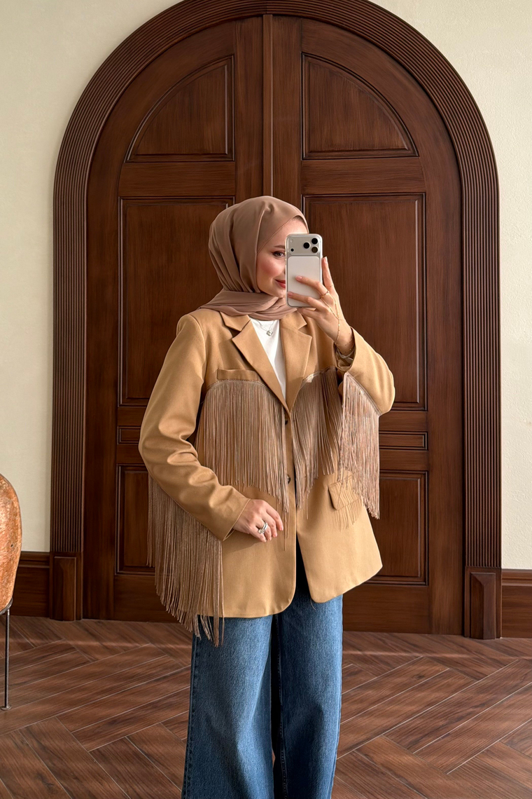 Püskül Detay Oversize Ceket - CAMEL