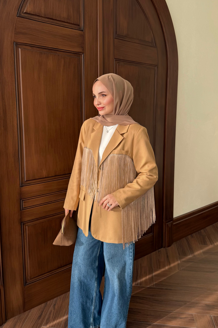 Püskül Detay Oversize Ceket - CAMEL