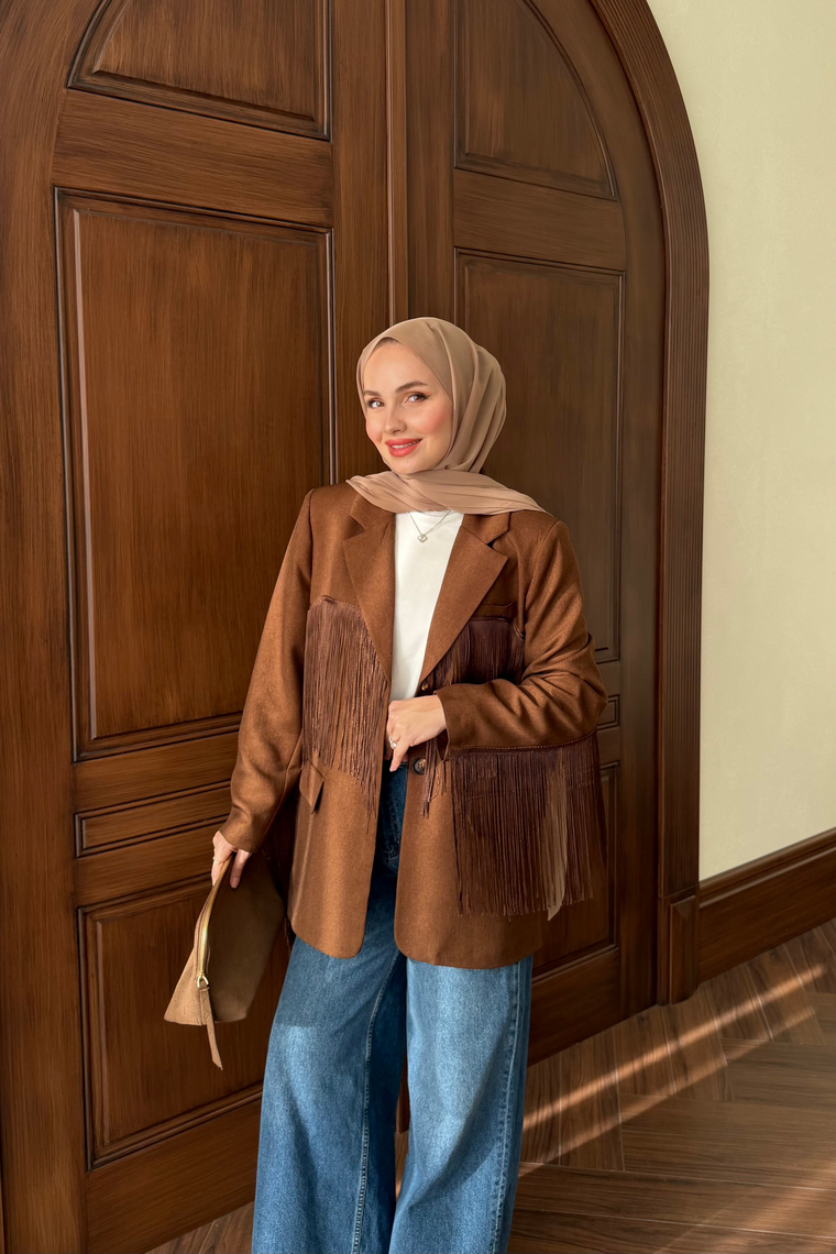 Püskül Detay Oversize Ceket - KAHVE