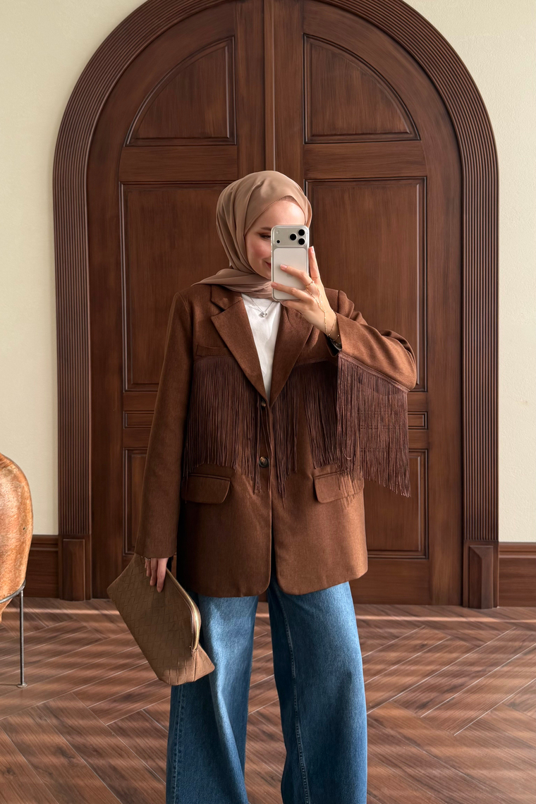 Püskül Detay Oversize Ceket - KAHVE