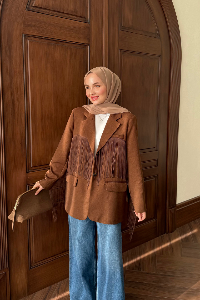 Püskül Detay Oversize Ceket - KAHVE