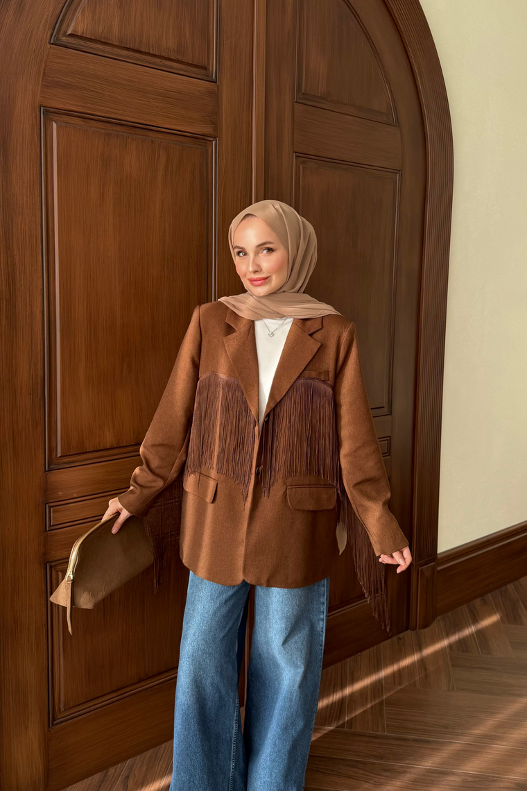 Püskül Detay Oversize Ceket - KAHVE