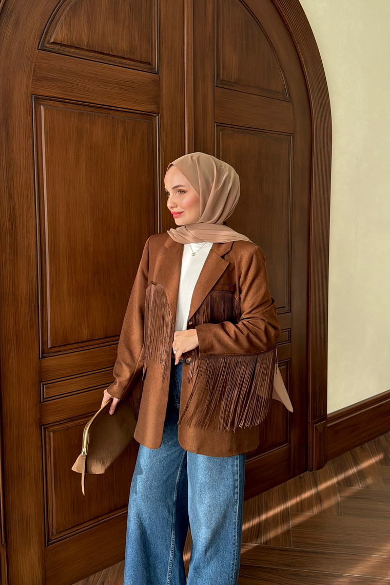 Püskül Detay Oversize Ceket - KAHVE