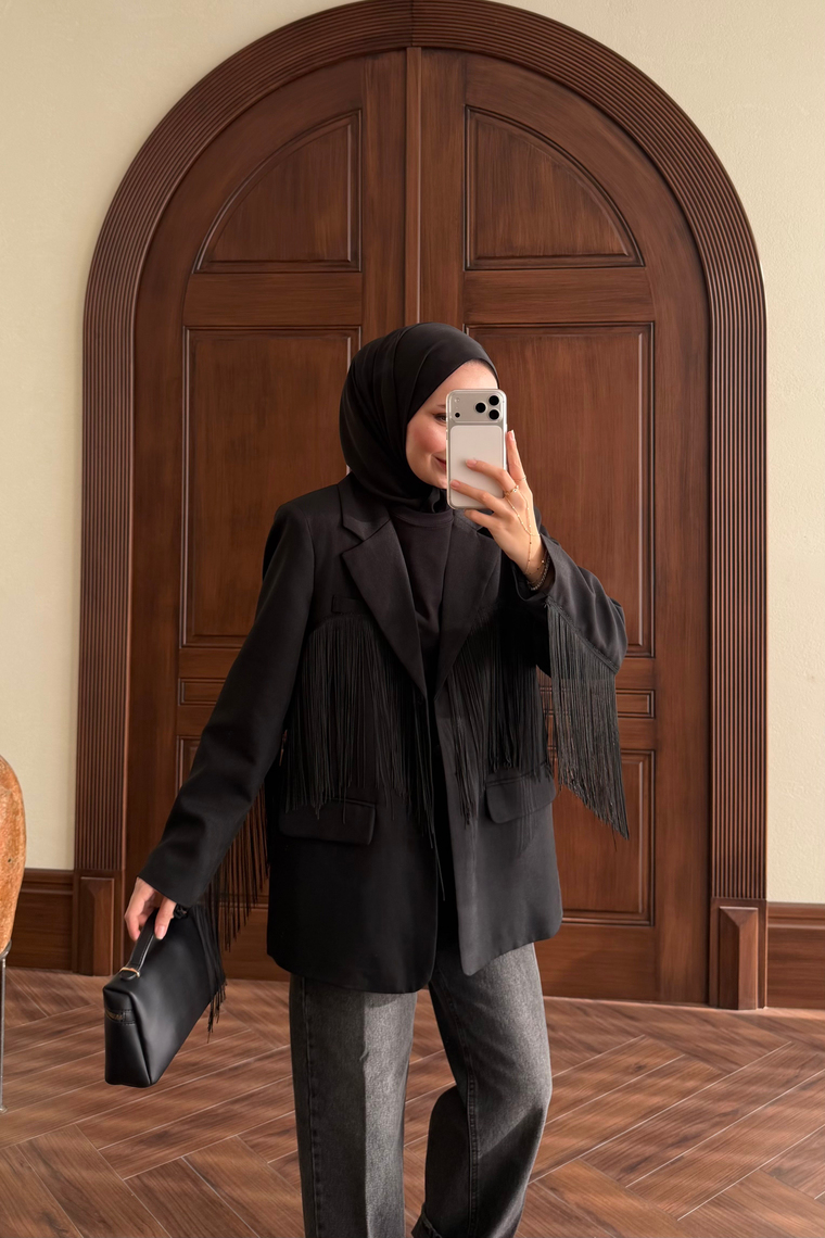 Püskül Detay Oversize Ceket - SİYAH