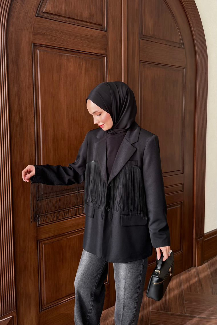 Püskül Detay Oversize Ceket - SİYAH