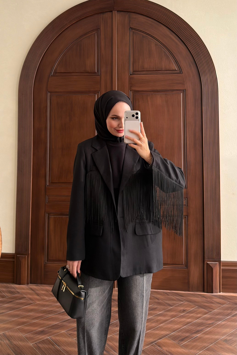 Püskül Detay Oversize Ceket - SİYAH