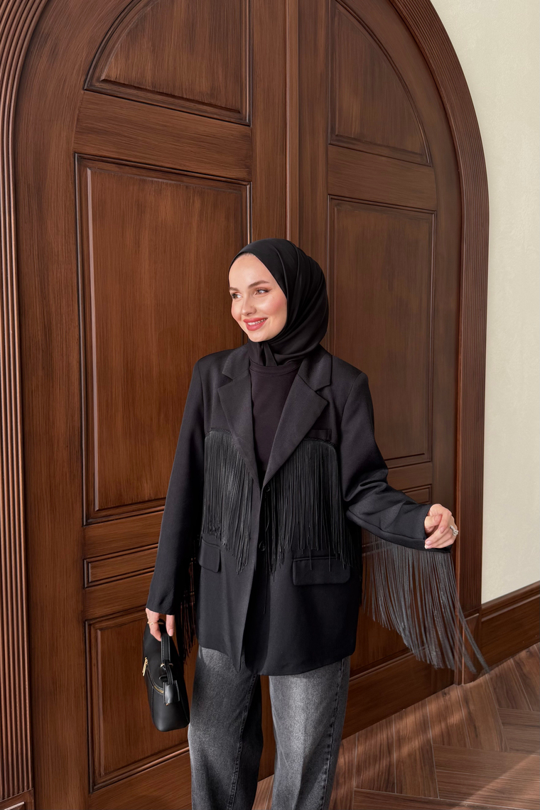 Püskül Detay Oversize Ceket - SİYAH