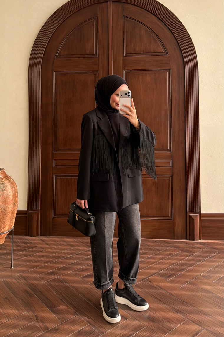 Püskül Detay Oversize Ceket - SİYAH